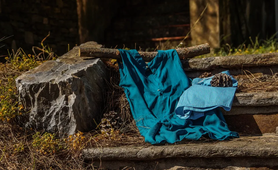 Robe bleue posée sur un tronc dans un verger à Porquerolles.