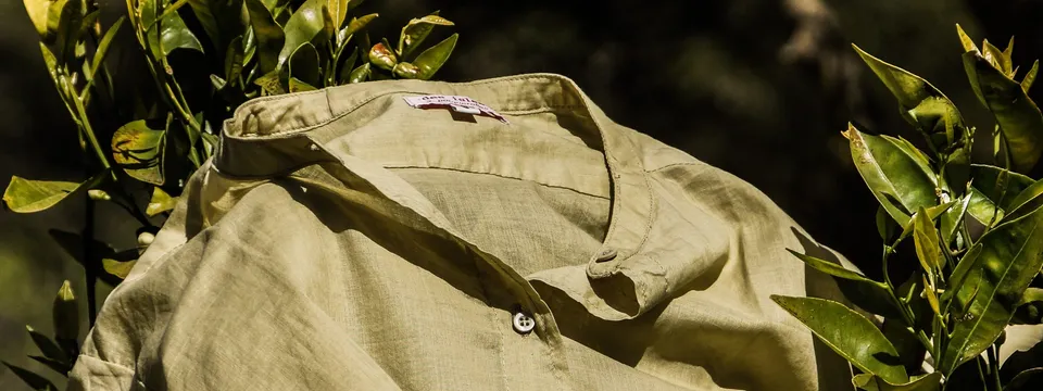 Vêtements en tissu clair et orange suspendus dans un arbre à Porquerolles.