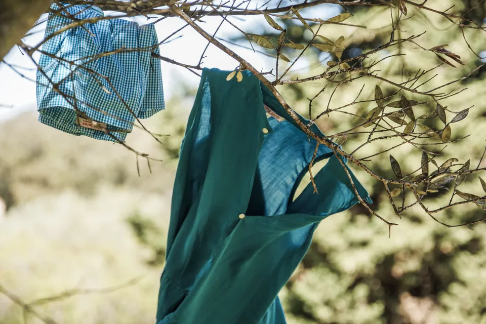 Robe verte et pièce de tissu vichy suspendues aux branches d'un olivier à Porquerolles.